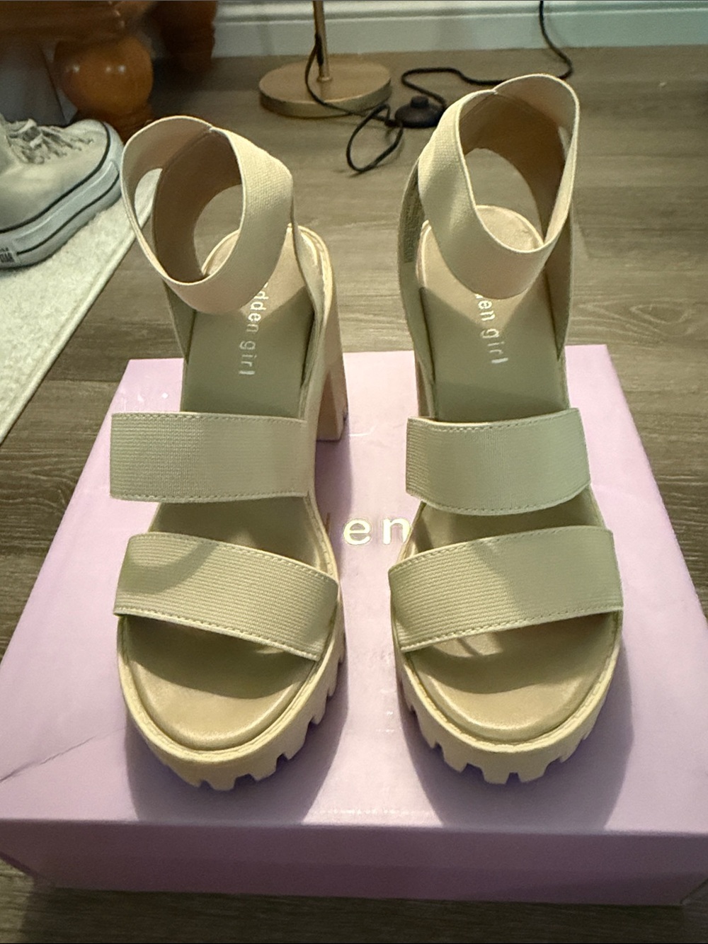 Madden Girl Cream Chunky Platform Sandal with Ankle Strap